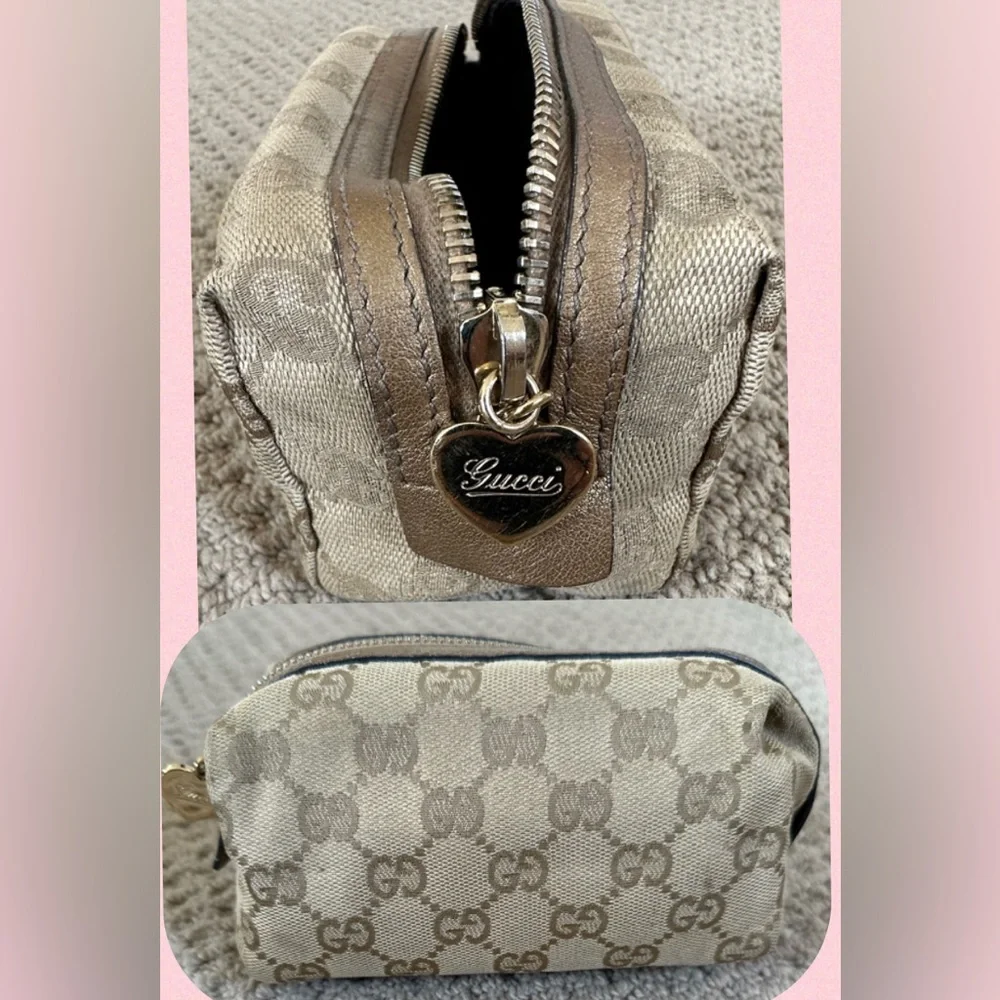 Authentic Y2K Vintage Gucci Brown Logo & Heart Gold Charm Zippered Makeup Bag - Picture 1 of 17